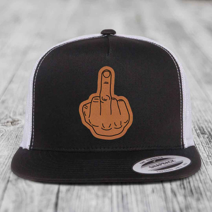 Middle Finger - Leather Patch Hat - Rawhide to Black Patch - Yupoong 6006 Snapback Flatbill Hat