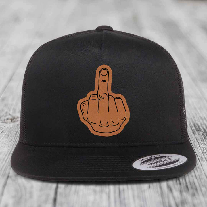 Middle Finger - Leather Patch Hat - Rawhide to Black Patch - Yupoong 6006 Snapback Flatbill Hat