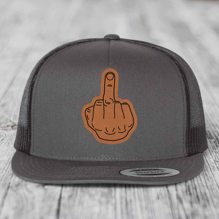 Middle Finger - Leather Patch Hat - Rawhide to Black Patch - Yupoong 6006 Snapback Flatbill Hat