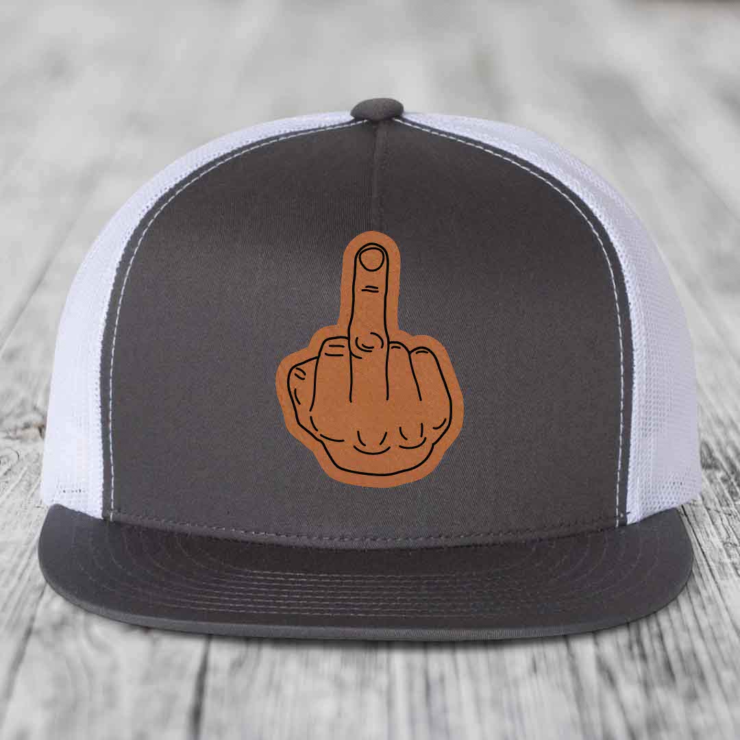 Middle Finger - Leather Patch Hat - Rawhide to Black Patch - Yupoong 6006 Snapback Flatbill Hat