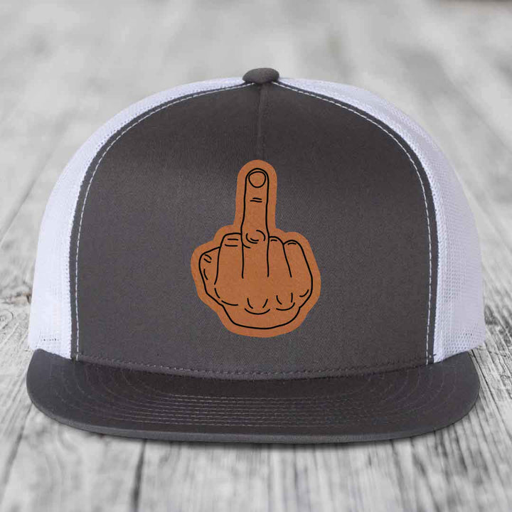 Middle Finger - Leather Patch Hat - Rawhide to Black Patch - Yupoong 6006 Snapback Flatbill Hat