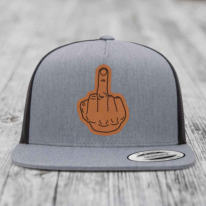 Middle Finger - Leather Patch Hat - Rawhide to Black Patch - Yupoong 6006 Snapback Flatbill Hat
