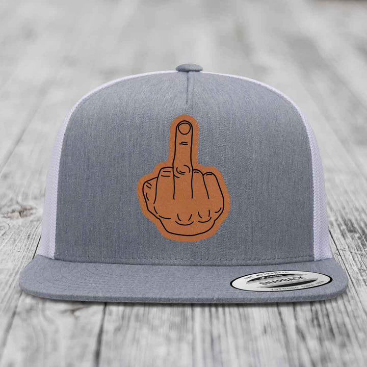 Middle Finger - Leather Patch Hat - Rawhide to Black Patch - Yupoong 6006 Snapback Flatbill Hat