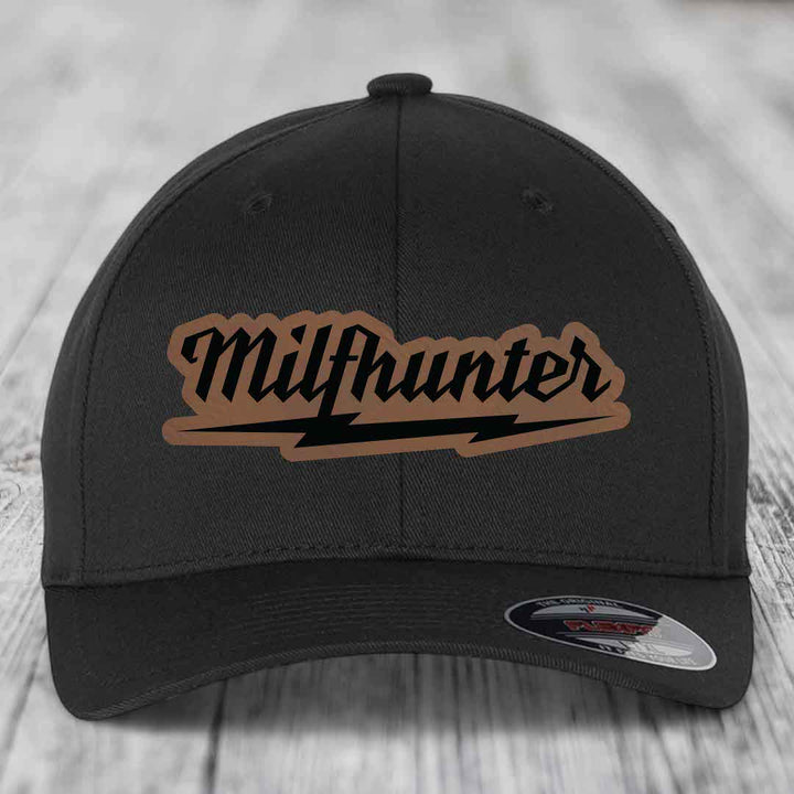Milfhunter - Leather Patch Hat - Dark Brown to Black Patch - Flexfit 6277 Fitted Hat
