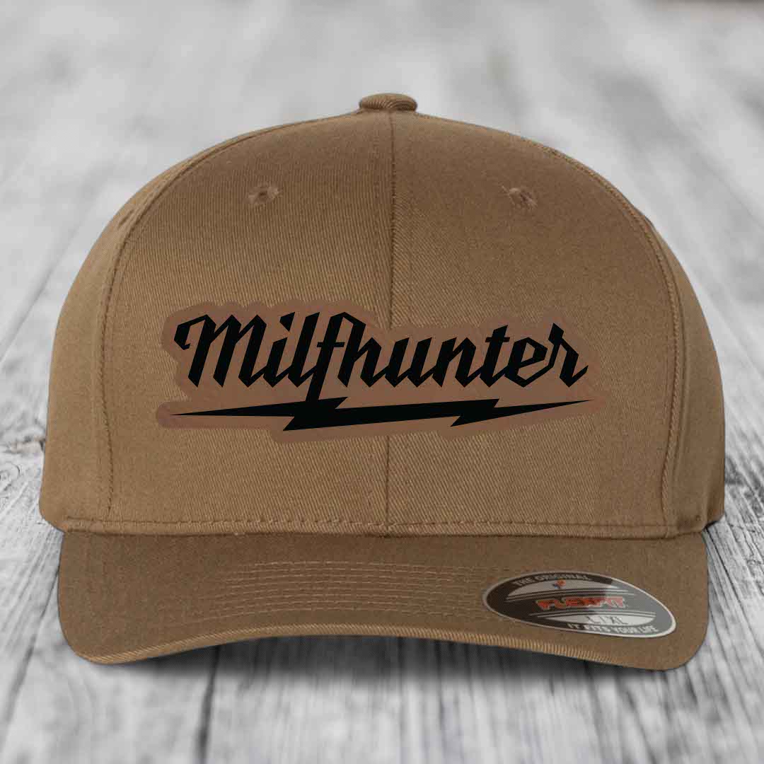 Milfhunter - Leather Patch Hat - Dark Brown to Black Patch - Flexfit 6277 Fitted Hat