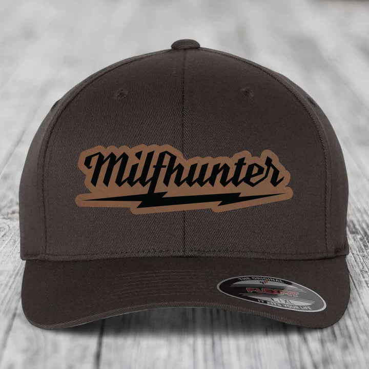 Milfhunter - Leather Patch Hat - Dark Brown to Black Patch - Flexfit 6277 Fitted Hat