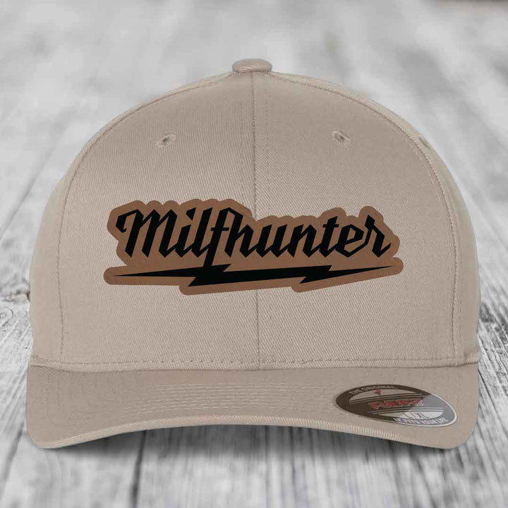Milfhunter - Leather Patch Hat - Dark Brown to Black Patch - Flexfit 6277 Fitted Hat