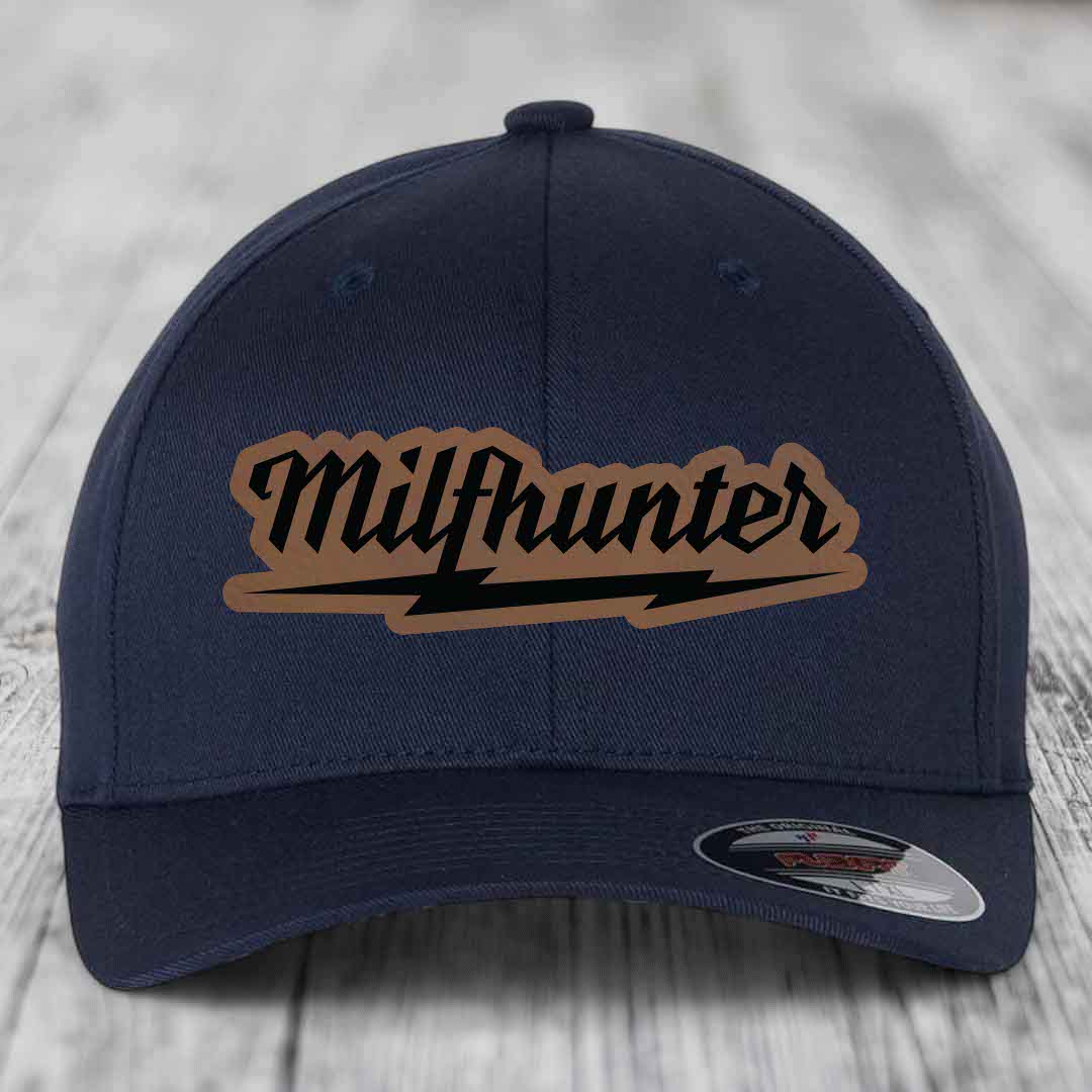 Milfhunter - Leather Patch Hat - Dark Brown to Black Patch - Flexfit 6277 Fitted Hat