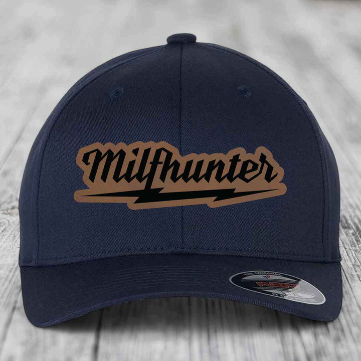 Milfhunter - Leather Patch Hat - Dark Brown to Black Patch - Flexfit 6277 Fitted Hat