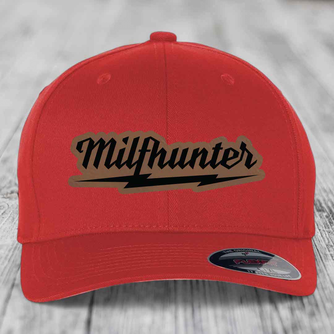 Milfhunter - Leather Patch Hat - Dark Brown to Black Patch - Flexfit 6277 Fitted Hat