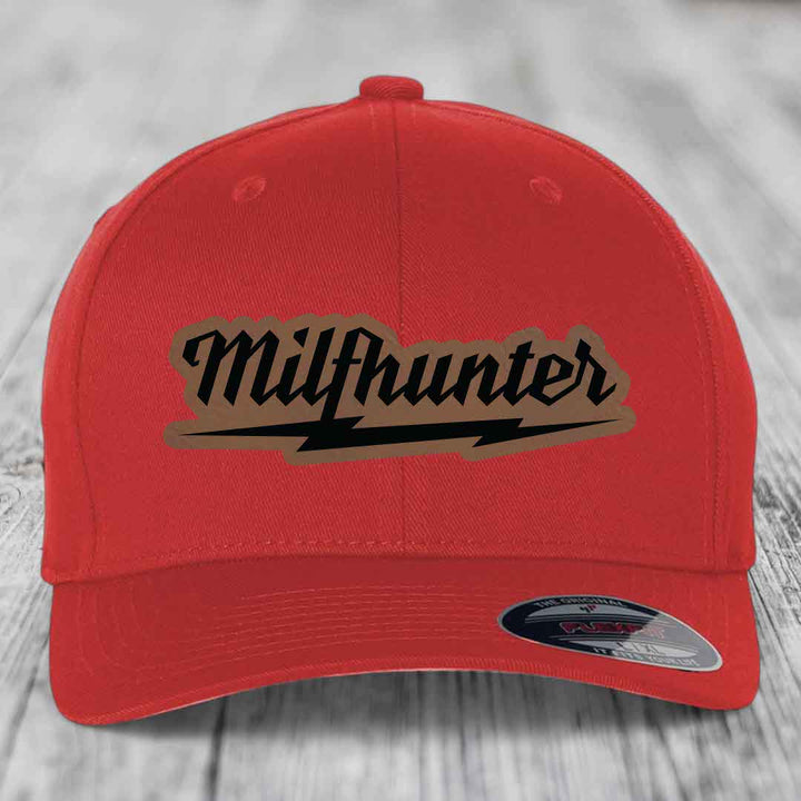 Milfhunter - Leather Patch Hat - Dark Brown to Black Patch - Flexfit 6277 Fitted Hat