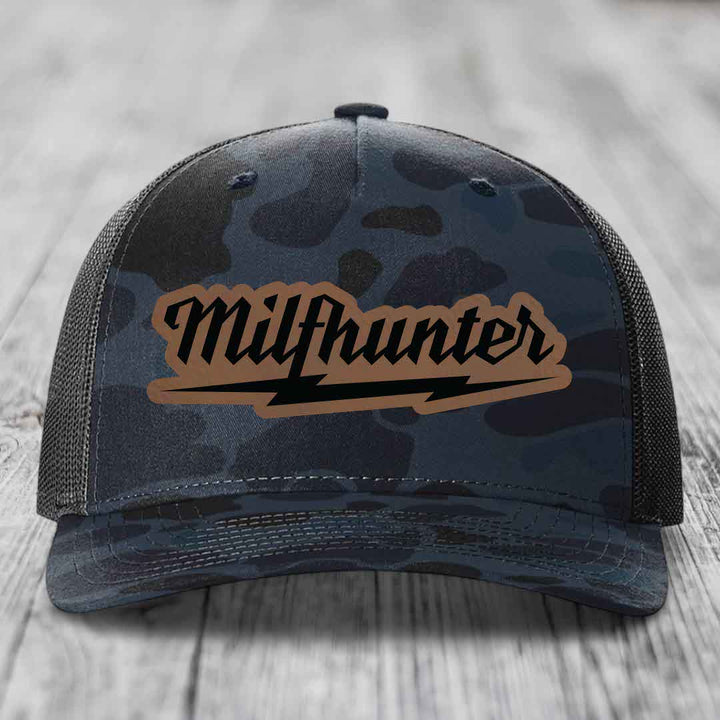 Milfhunter - Leather Patch Hat - Dark Brown to Black Patch - Richardson 112PFP Snapback Trucker Hat
