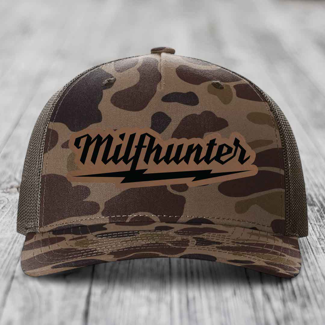 Milfhunter - Leather Patch Hat - Dark Brown to Black Patch - Richardson 112PFP Snapback Trucker Hat