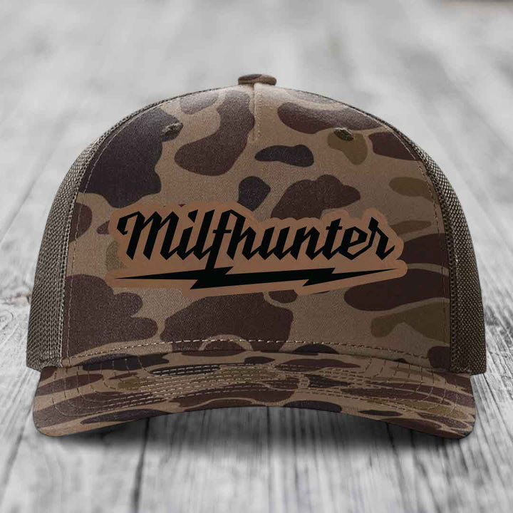 Milfhunter - Leather Patch Hat - Dark Brown to Black Patch - Richardson 112PFP Snapback Trucker Hat