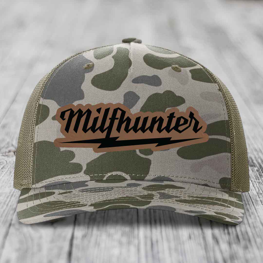 Milfhunter - Leather Patch Hat - Dark Brown to Black Patch - Richardson 112PFP Snapback Trucker Hat