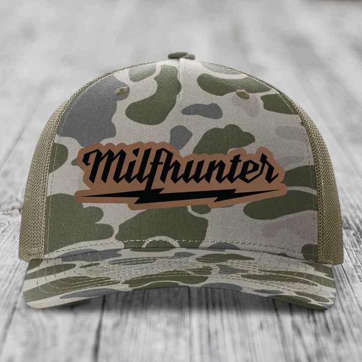 Milfhunter - Leather Patch Hat - Dark Brown to Black Patch - Richardson 112PFP Snapback Trucker Hat