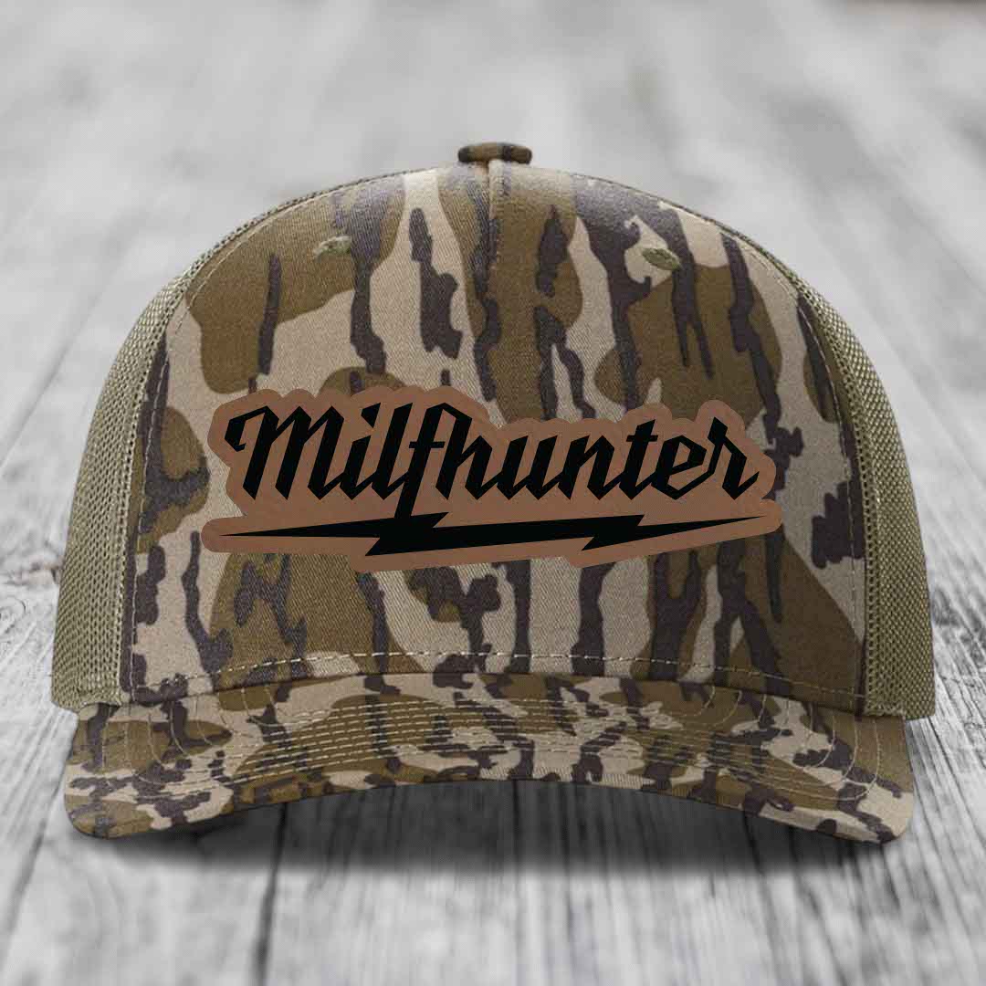 Milfhunter - Leather Patch Hat - Dark Brown to Black Patch - Richardson 112PFP Snapback Trucker Hat