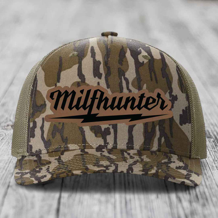 Milfhunter - Leather Patch Hat - Dark Brown to Black Patch - Richardson 112PFP Snapback Trucker Hat