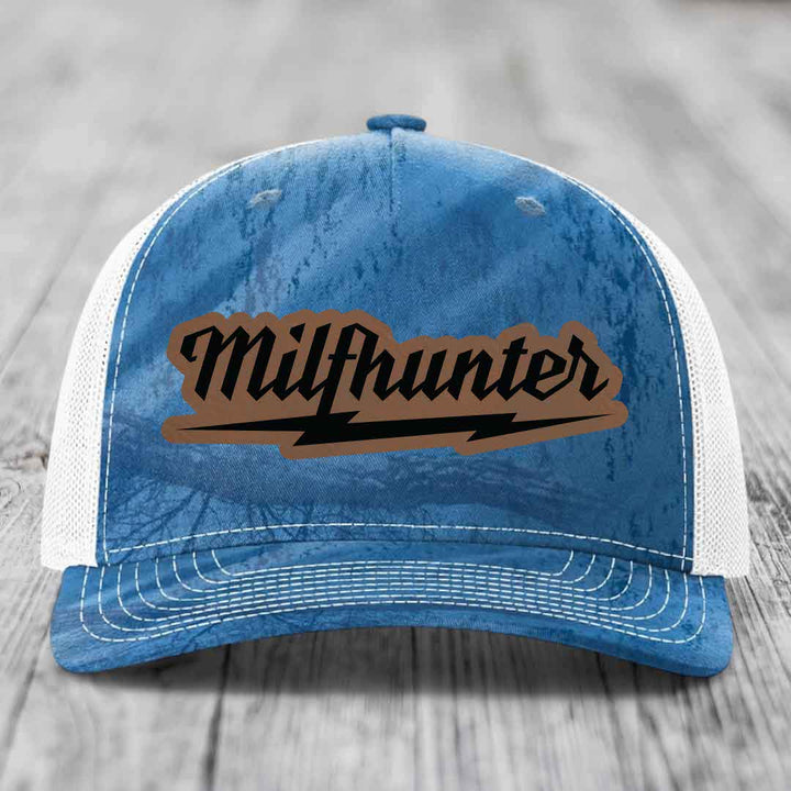 Milfhunter - Leather Patch Hat - Dark Brown to Black Patch - Richardson 112PFP Snapback Trucker Hat