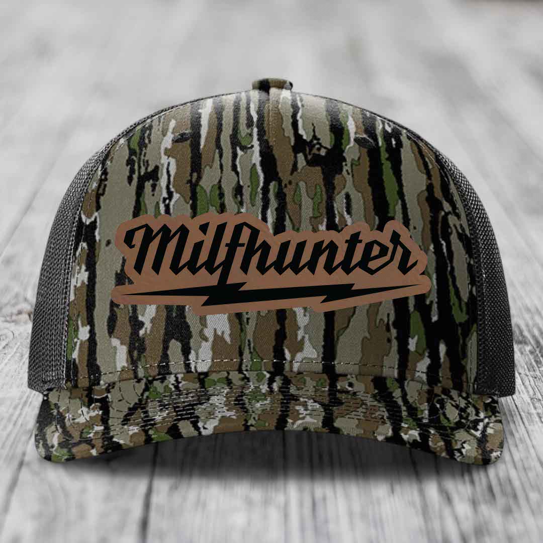 Milfhunter - Leather Patch Hat - Dark Brown to Black Patch - Richardson 112PFP Snapback Trucker Hat