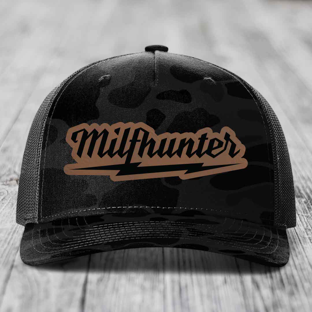 Milfhunter - Leather Patch Hat - Dark Brown to Black Patch - Richardson 112PFP Snapback Trucker Hat