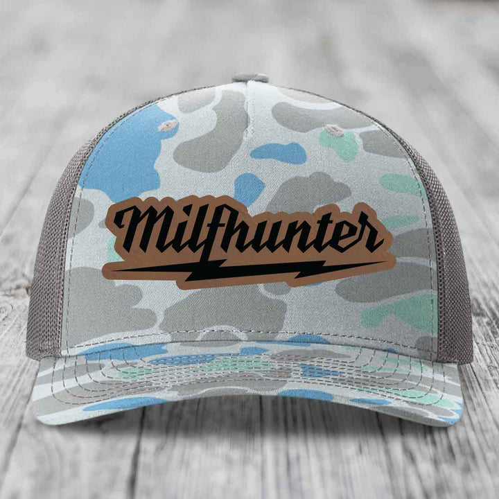 Milfhunter - Leather Patch Hat - Dark Brown to Black Patch - Richardson 112PFP Snapback Trucker Hat