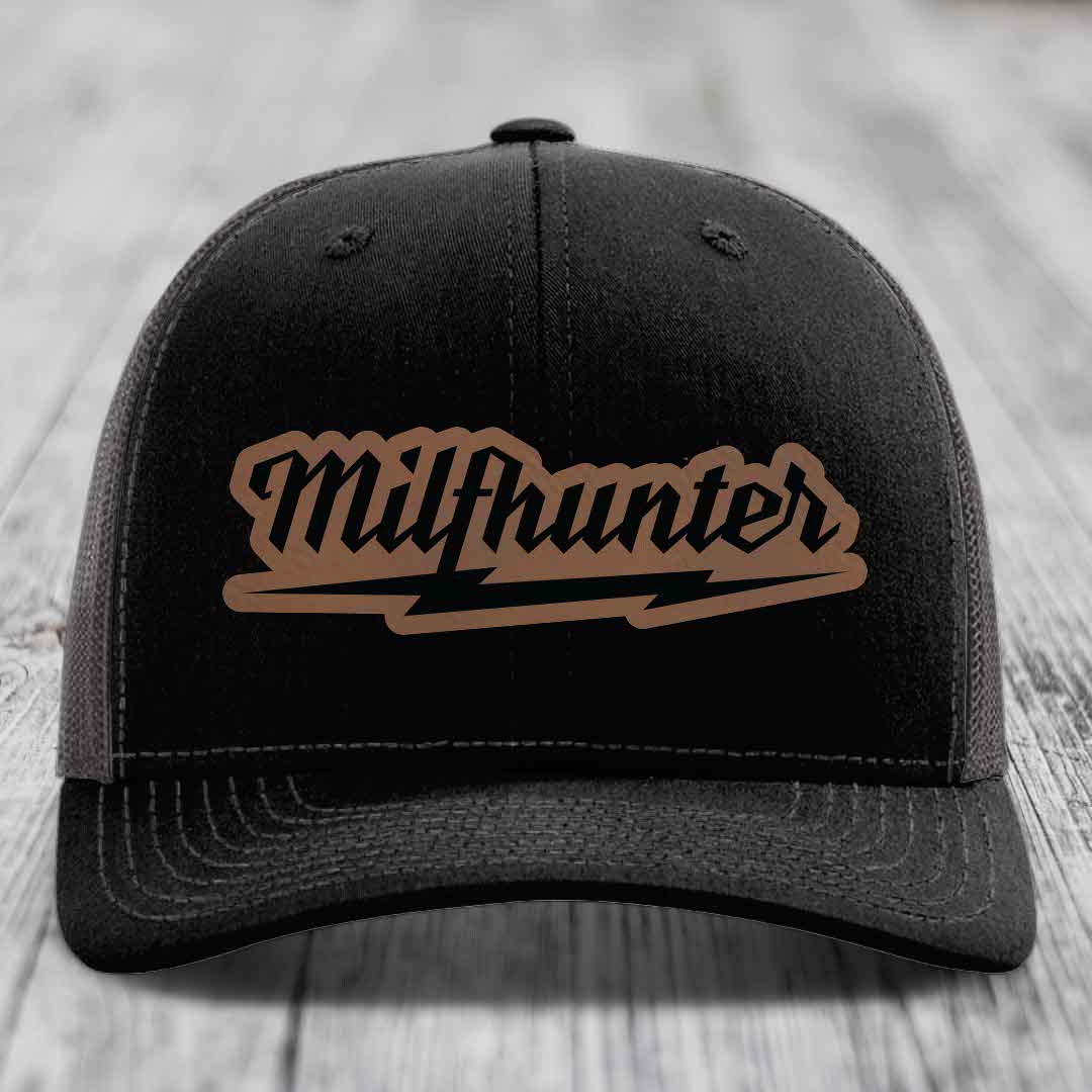 Milfhunter - Leather Patch Hat - Dark Brown to Black Patch - Richardson 112 Snapback Trucker Hat