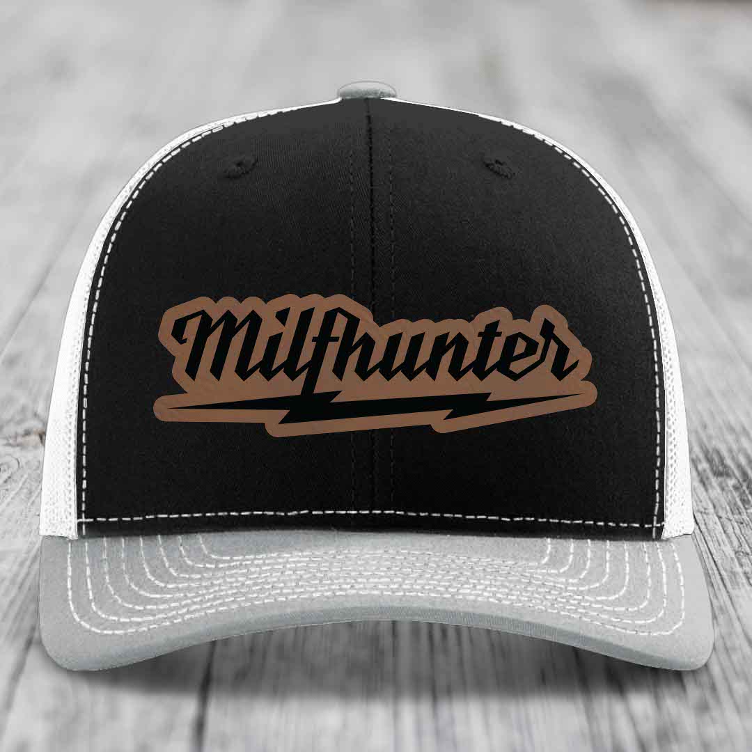 Milfhunter - Leather Patch Hat - Dark Brown to Black Patch - Richardson 112 Snapback Trucker Hat