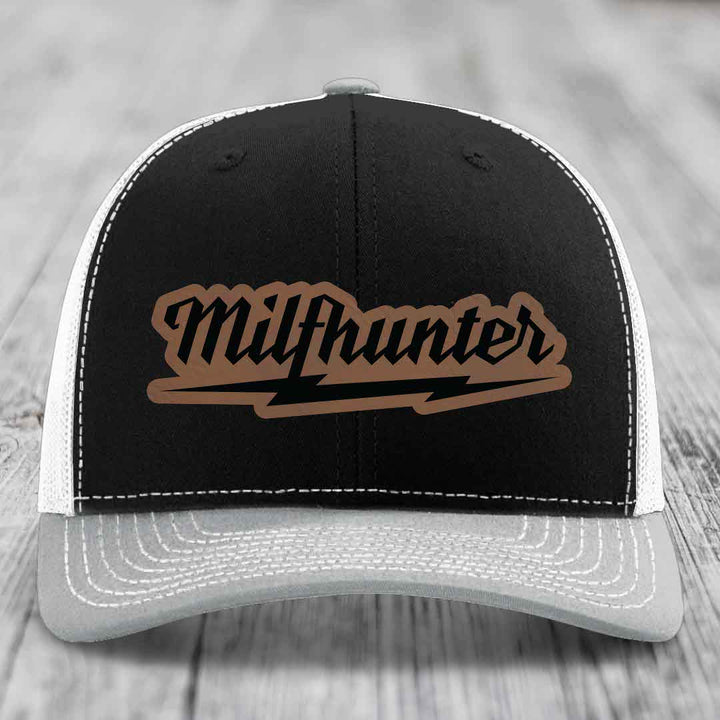 Milfhunter - Leather Patch Hat - Dark Brown to Black Patch - Richardson 112 Snapback Trucker Hat
