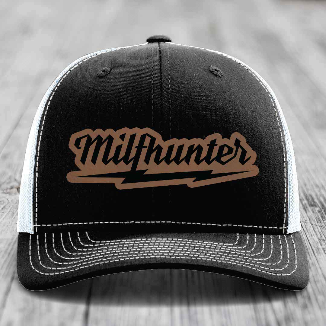Milfhunter - Leather Patch Hat - Dark Brown to Black Patch - Richardson 112 Snapback Trucker Hat
