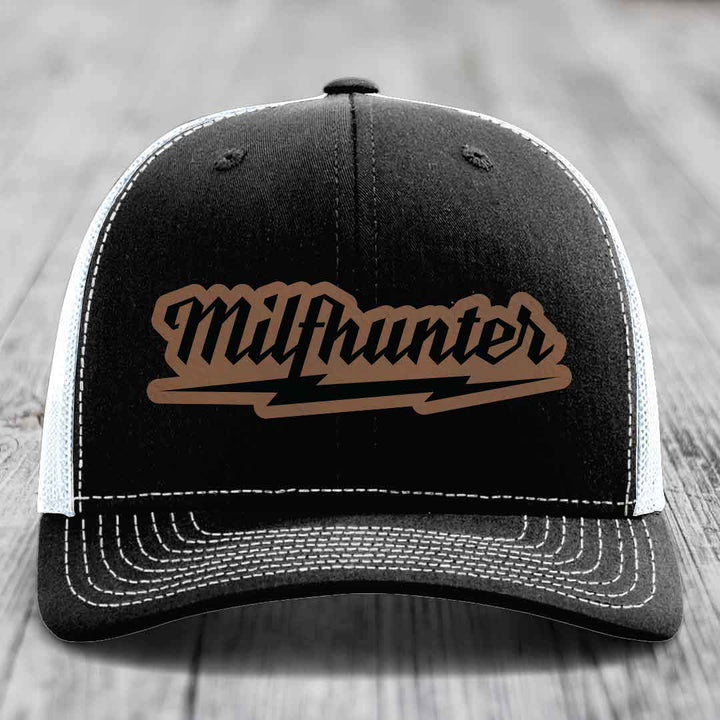 Milfhunter - Leather Patch Hat - Dark Brown to Black Patch - Richardson 112 Snapback Trucker Hat