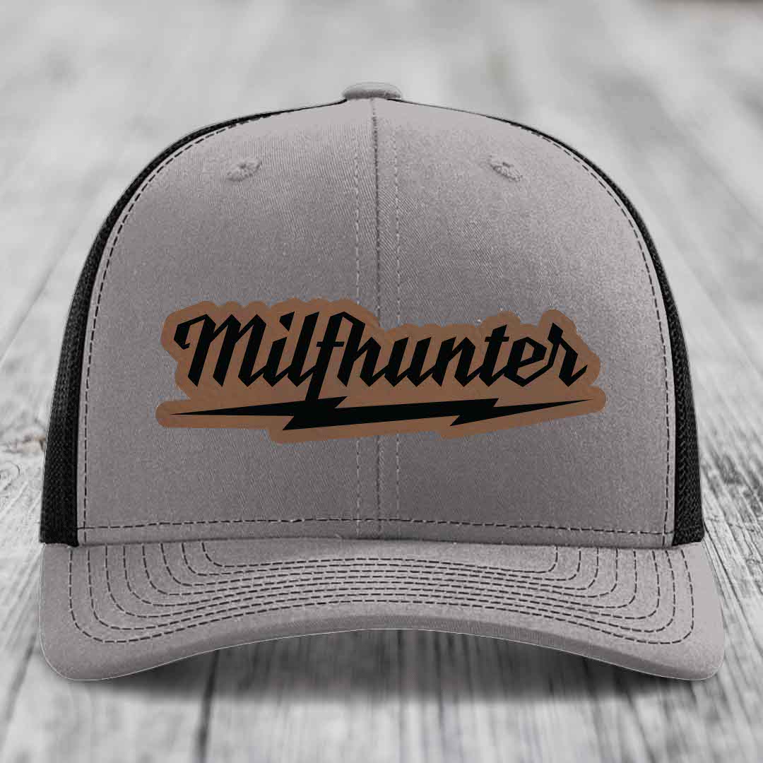 Milfhunter - Leather Patch Hat - Dark Brown to Black Patch - Richardson 112 Snapback Trucker Hat