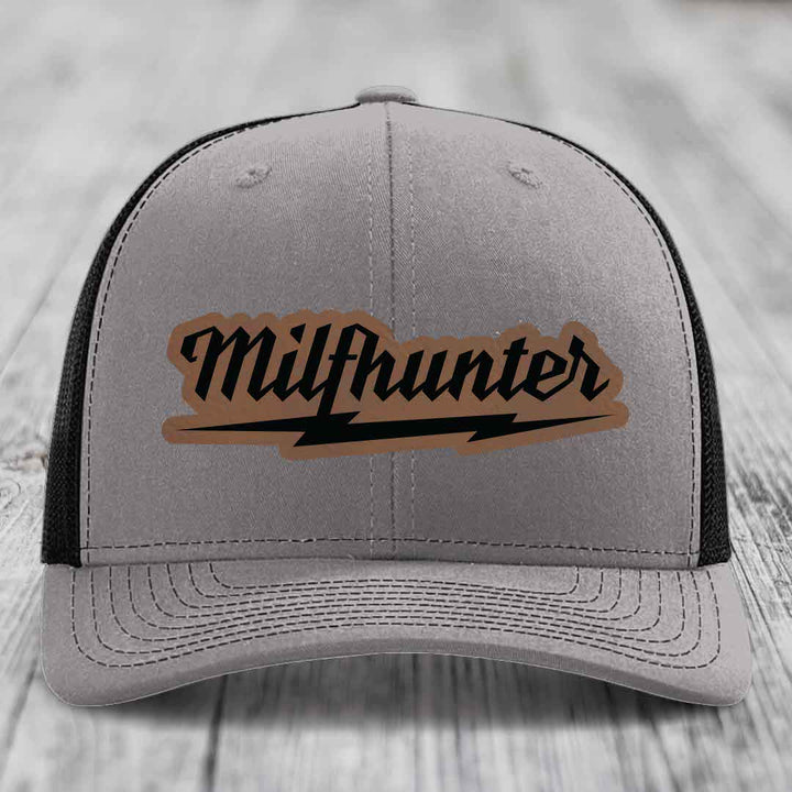 Milfhunter - Leather Patch Hat - Dark Brown to Black Patch - Richardson 112 Snapback Trucker Hat