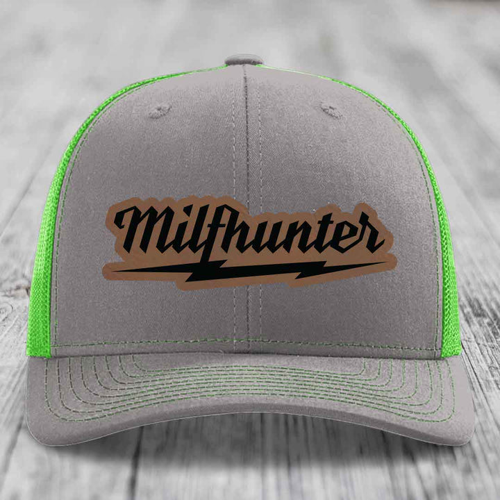 Milfhunter - Leather Patch Hat - Dark Brown to Black Patch - Richardson 112 Snapback Trucker Hat