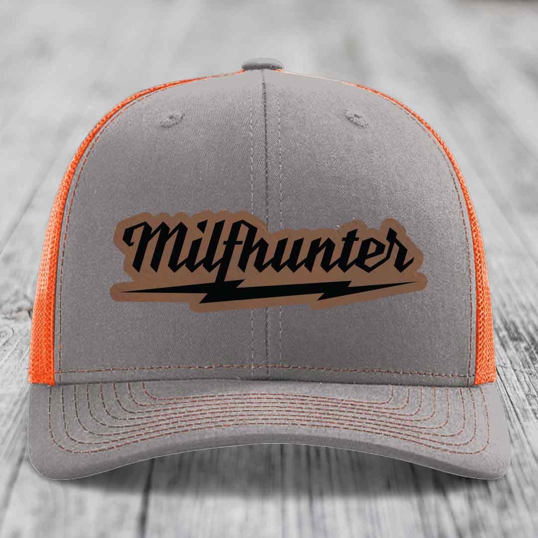 Milfhunter - Leather Patch Hat - Dark Brown to Black Patch - Richardson 112 Snapback Trucker Hat