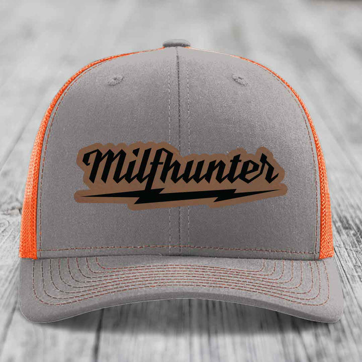 Milfhunter - Leather Patch Hat - Dark Brown to Black Patch - Richardson 112 Snapback Trucker Hat