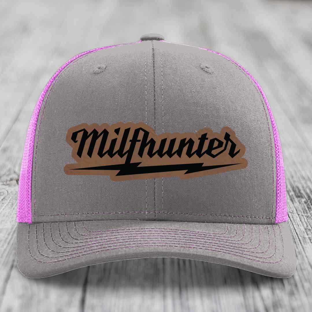 Milfhunter - Leather Patch Hat - Dark Brown to Black Patch - Richardson 112 Snapback Trucker Hat