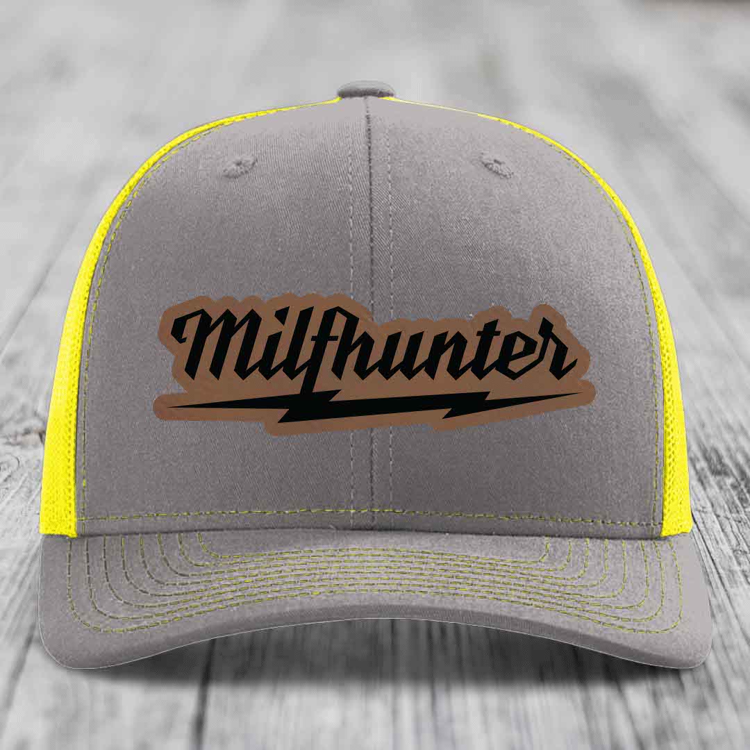 Milfhunter - Leather Patch Hat - Dark Brown to Black Patch - Richardson 112 Snapback Trucker Hat