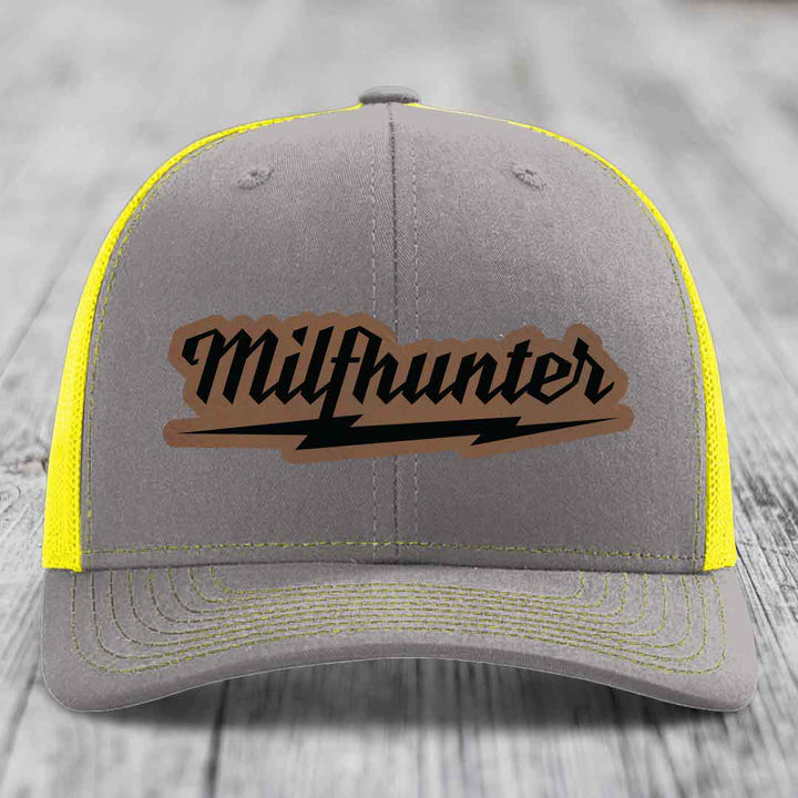 Milfhunter - Leather Patch Hat - Dark Brown to Black Patch - Richardson 112 Snapback Trucker Hat