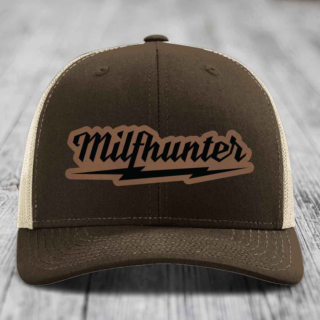 Milfhunter - Leather Patch Hat - Dark Brown to Black Patch - Richardson 112 Snapback Trucker Hat