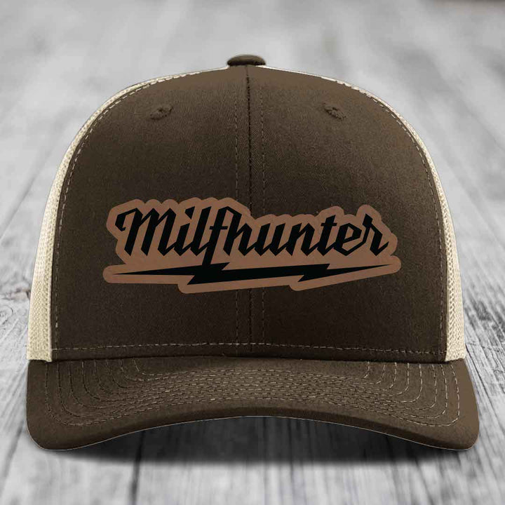 Milfhunter - Leather Patch Hat - Dark Brown to Black Patch - Richardson 112 Snapback Trucker Hat