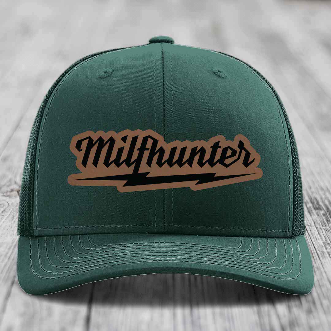 Milfhunter - Leather Patch Hat - Dark Brown to Black Patch - Richardson 112 Snapback Trucker Hat