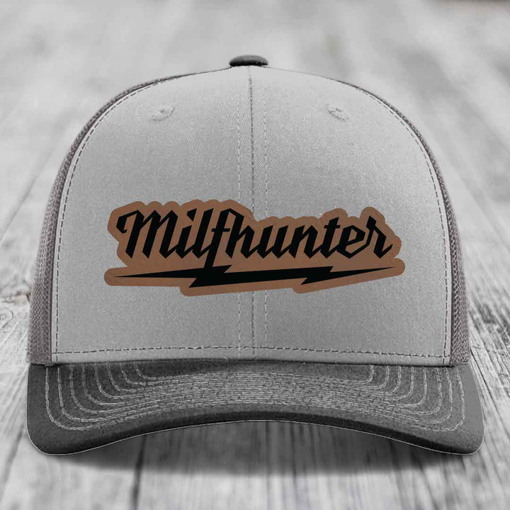 Milfhunter - Leather Patch Hat - Dark Brown to Black Patch - Richardson 112 Snapback Trucker Hat