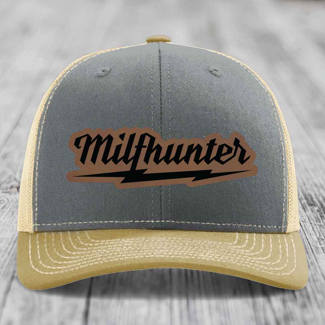 Milfhunter - Leather Patch Hat - Dark Brown to Black Patch - Richardson 112 Snapback Trucker Hat