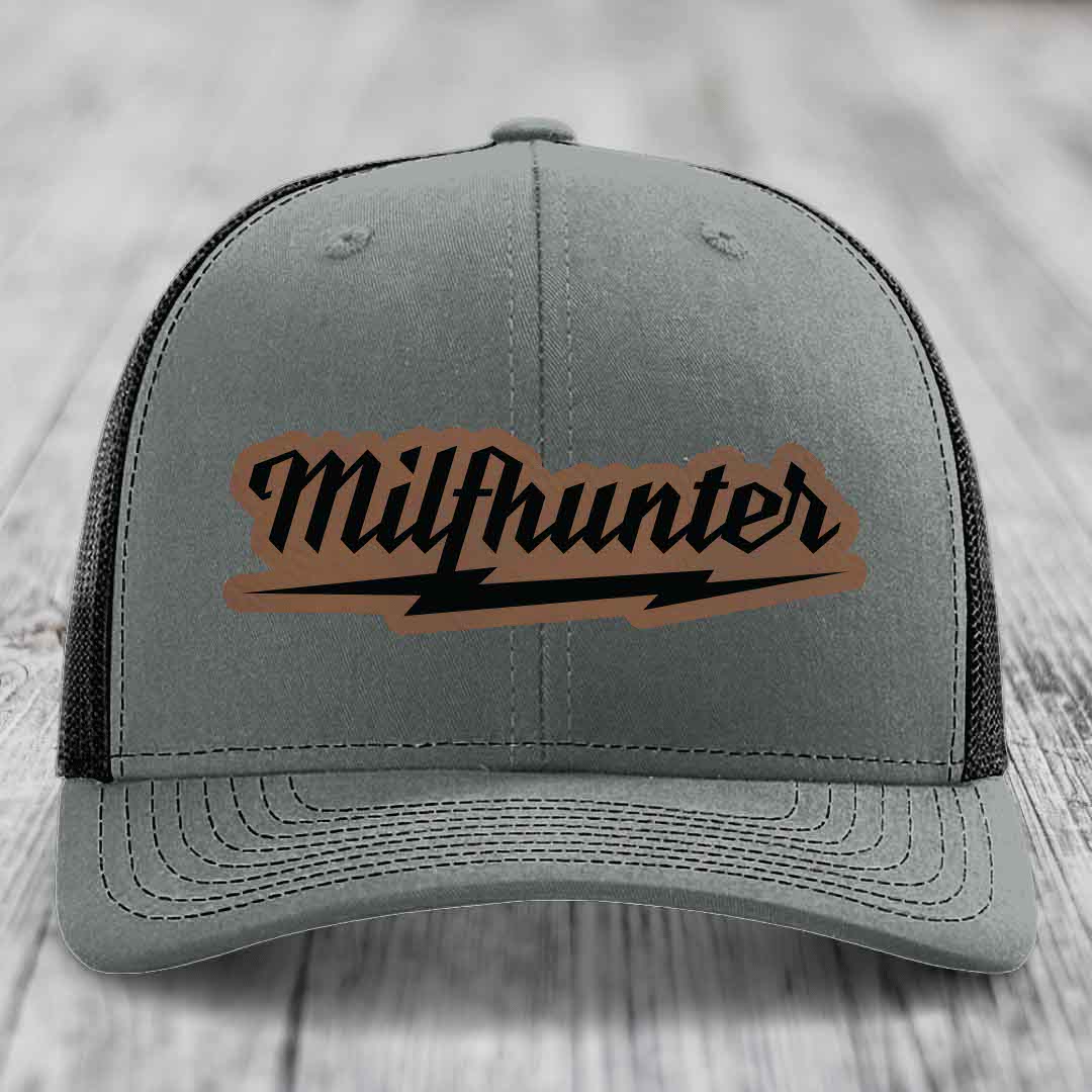 Milfhunter - Leather Patch Hat - Dark Brown to Black Patch - Richardson 112 Snapback Trucker Hat