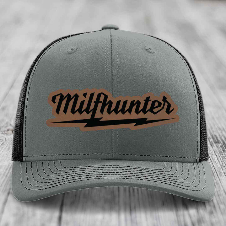 Milfhunter - Leather Patch Hat - Dark Brown to Black Patch - Richardson 112 Snapback Trucker Hat