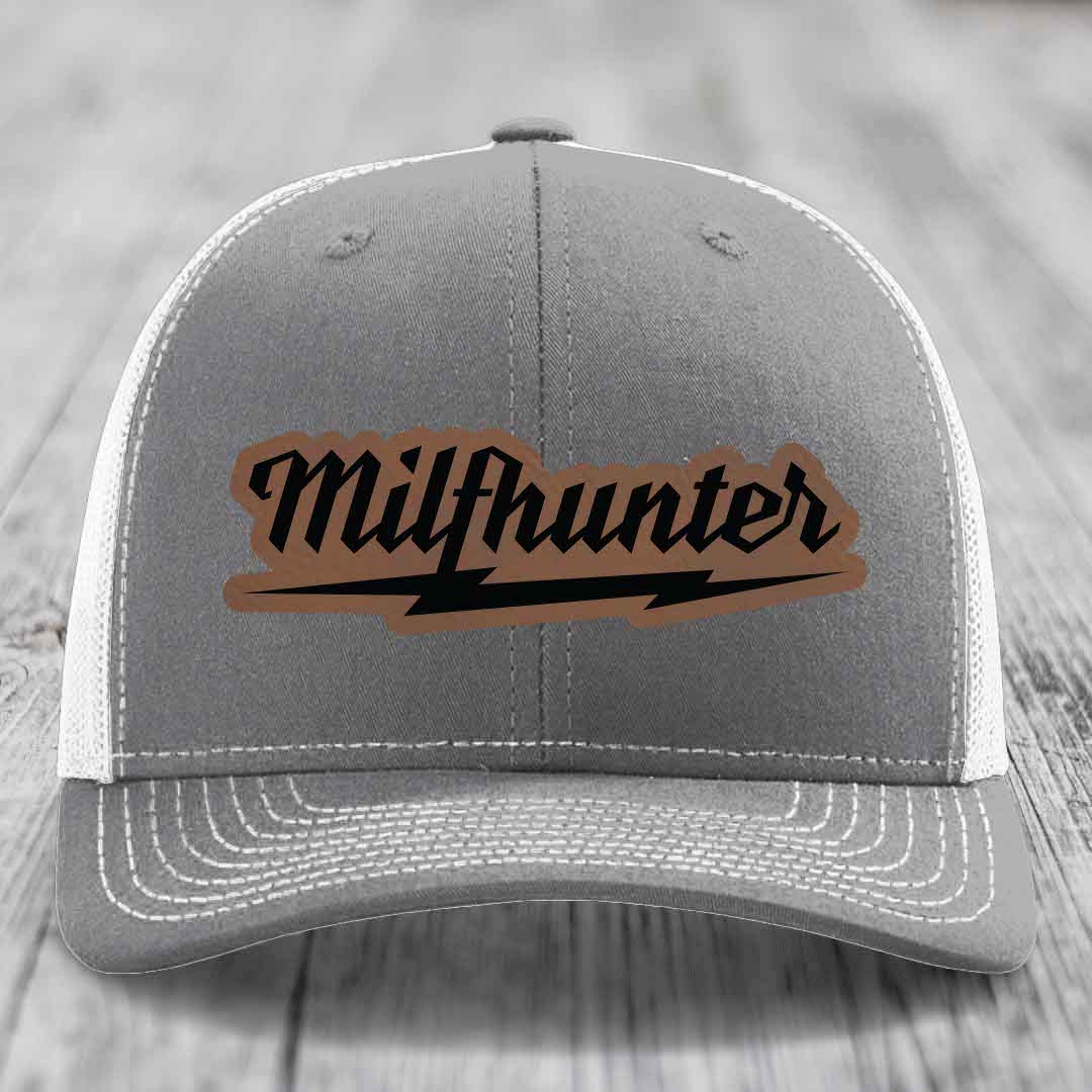 Milfhunter - Leather Patch Hat - Dark Brown to Black Patch - Richardson 112 Snapback Trucker Hat