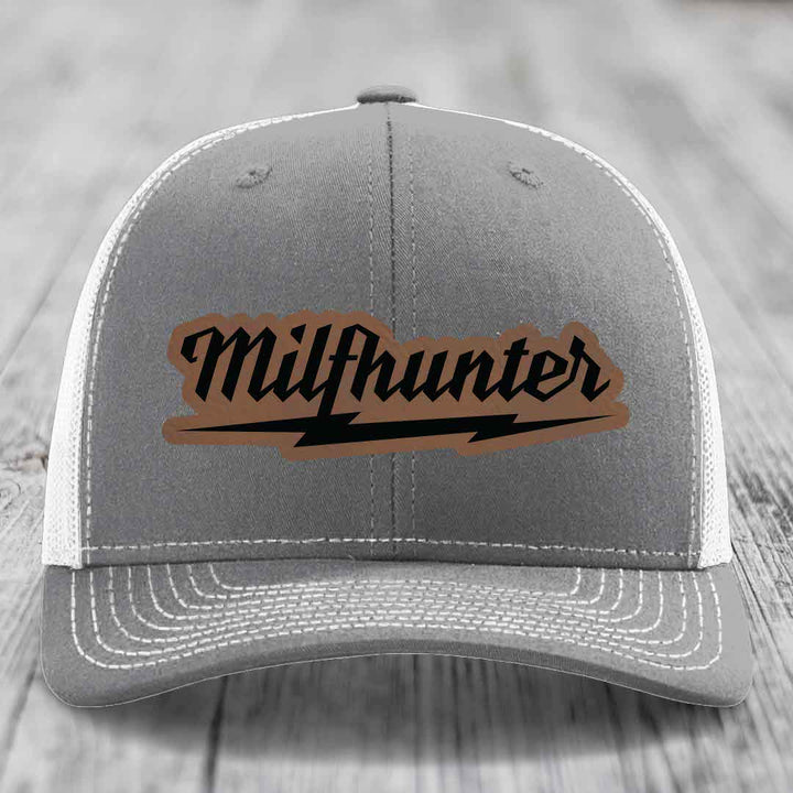 Milfhunter - Leather Patch Hat - Dark Brown to Black Patch - Richardson 112 Snapback Trucker Hat