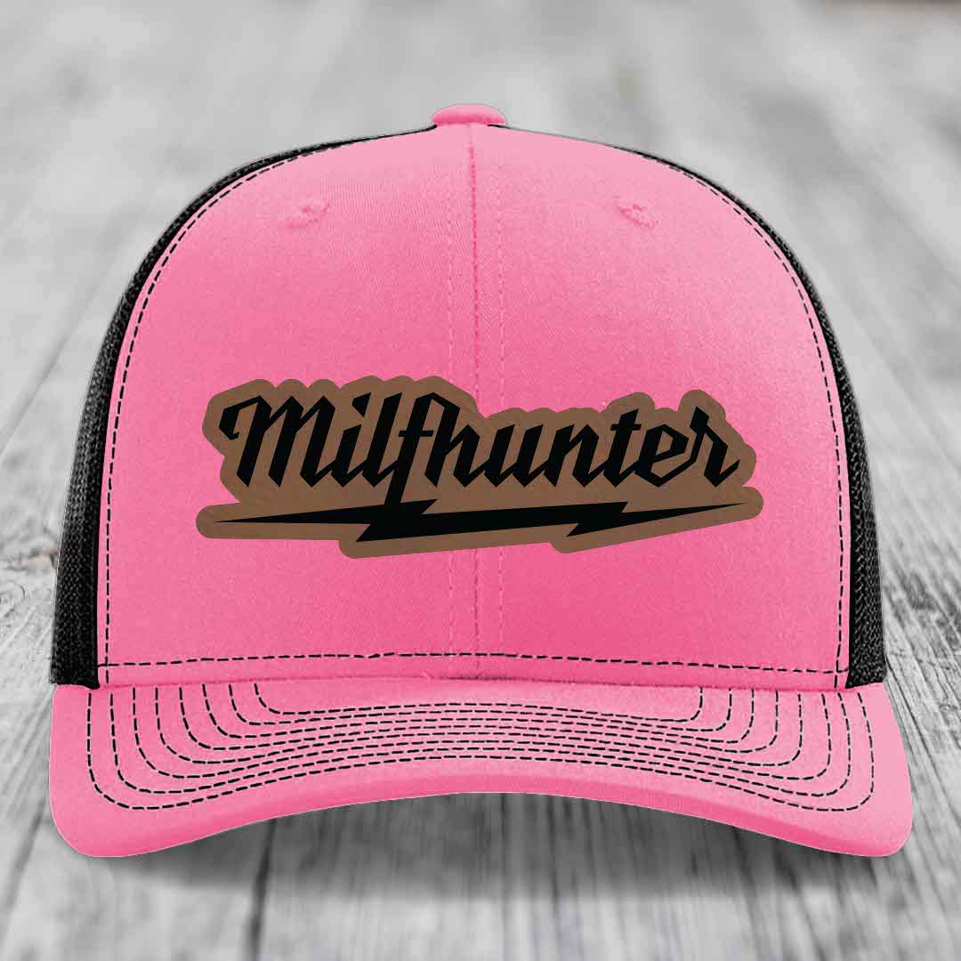 Milfhunter - Leather Patch Hat - Dark Brown to Black Patch - Richardson 112 Snapback Trucker Hat