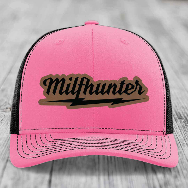 Milfhunter - Leather Patch Hat - Dark Brown to Black Patch - Richardson 112 Snapback Trucker Hat